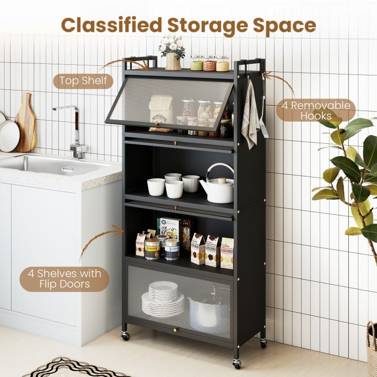5-tier black kitchen storage cabinet features 4 flip-up doors, adjustable feet, and rolling wheels for versatile organization.