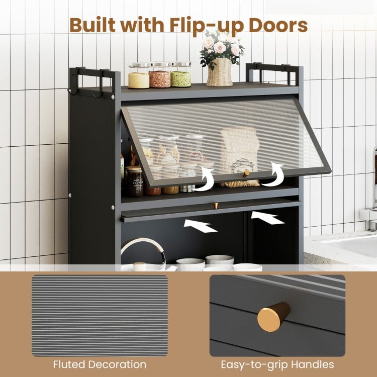 5-tier black kitchen storage cabinet featuring 4 flip-up doors, fluted decoration, and easy-to-grip handles for convenience.