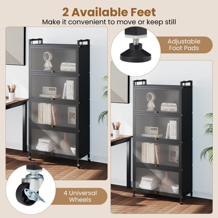 5-tier black kitchen storage cabinet with adjustable feet, rolling wheels, and flip-up doors for versatile organization.