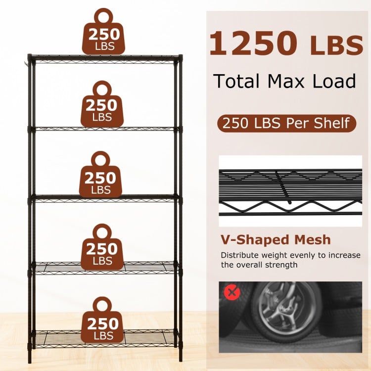 5-tier black metal storage shelving unit with V-shaped wire rack, 1250 lbs capacity, ideal for organizing various.