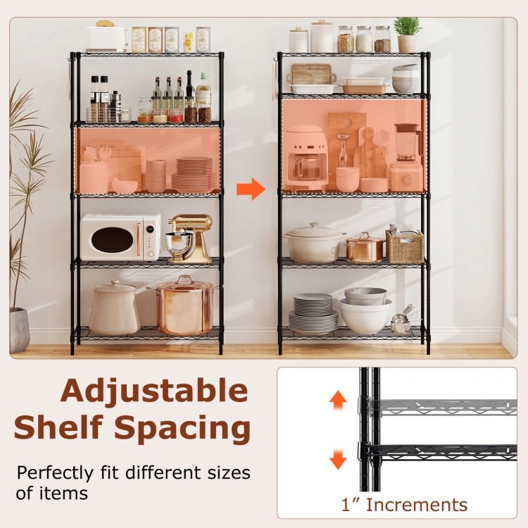 5-tier black metal storage shelving unit with adjustable shelves, ideal for organizing kitchen and garage items.