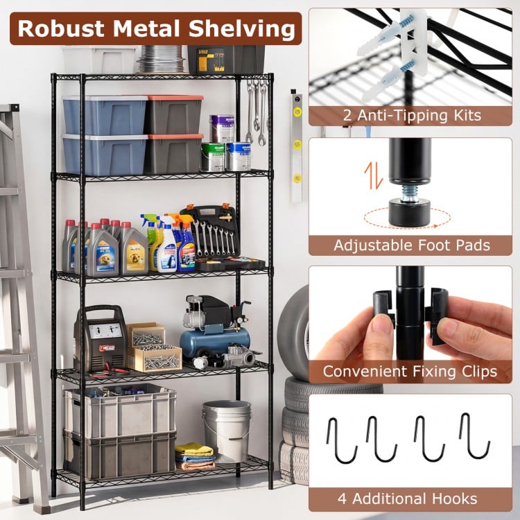 Close-up of the robust metal shelving unit's V-shaped mesh design, featuring adjustable foot pads and hooks for.