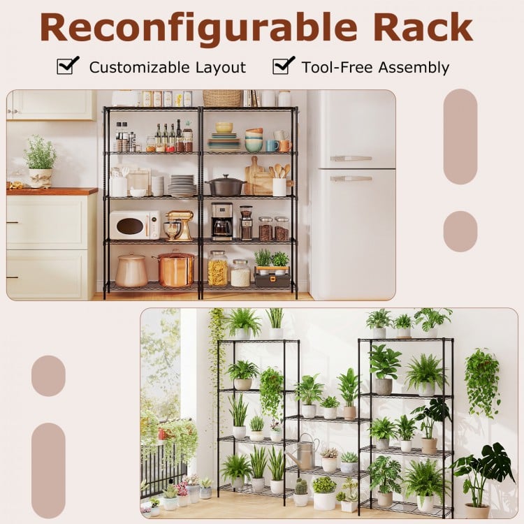 5-tier black metal storage shelving unit with adjustable shelves, ideal for kitchen and garage organization.
