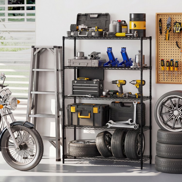 5-tier black metal storage shelving unit with V-shaped wire racks, ideal for garage organization and tool storage.