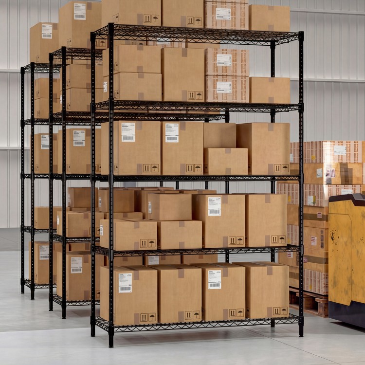 5-tier black metal storage shelving unit with V-shaped wire racks, ideal for garage or basement organization.