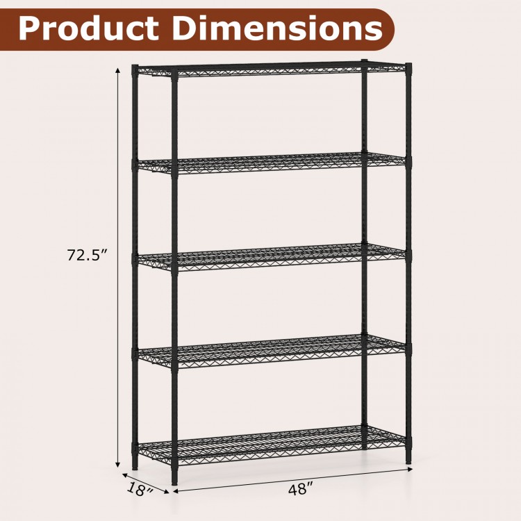 5-tier black metal storage shelving unit with adjustable shelves, measuring 72.5" x 48" x 18", ideal for garage or.