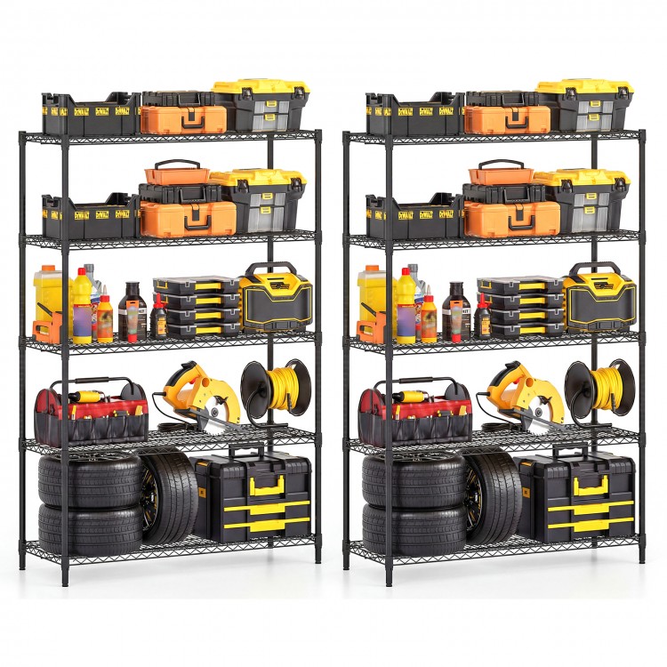 5-tier metal storage shelving unit set of 2 in black with adjustable shelves, ideal for garage or basement organization.