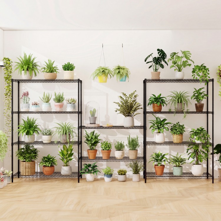 5-tier black metal shelving unit set of 2 with adjustable shelves, ideal for displaying plants in various settings.