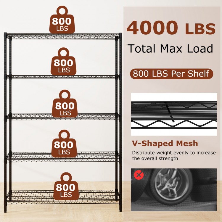 5-tier black metal storage shelving unit with adjustable shelves, V-shaped wire racks, supports up to 4000 lbs for.