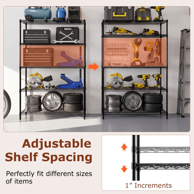 Adjustable shelves of the black 5-tier metal storage shelving unit, designed for versatile organization in various.