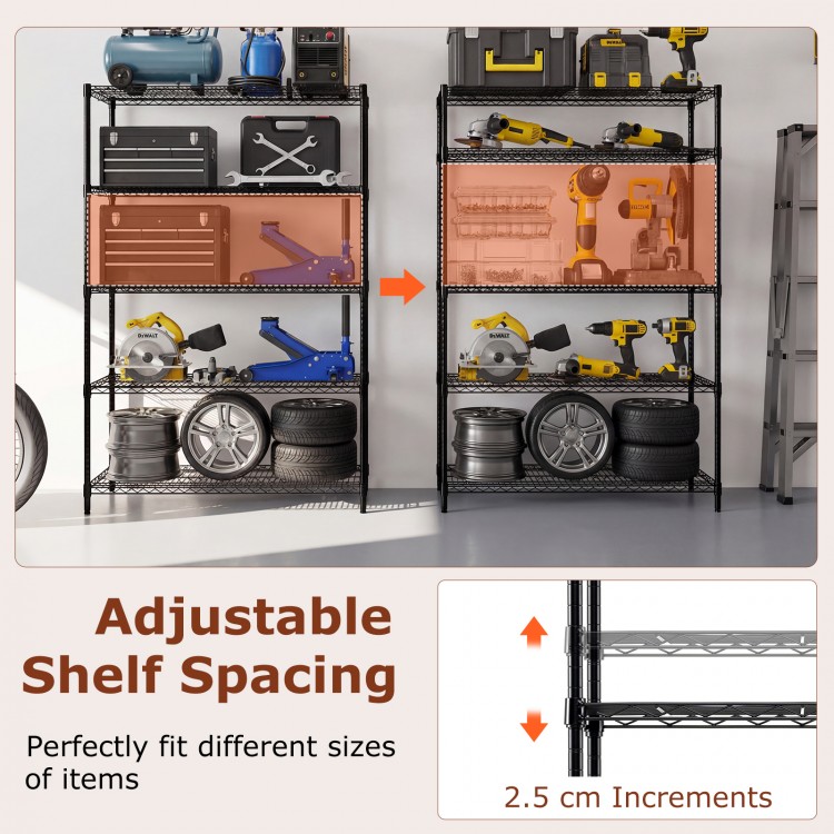 5-tier black metal storage shelving unit with adjustable shelves, ideal for garage or kitchen organization.
