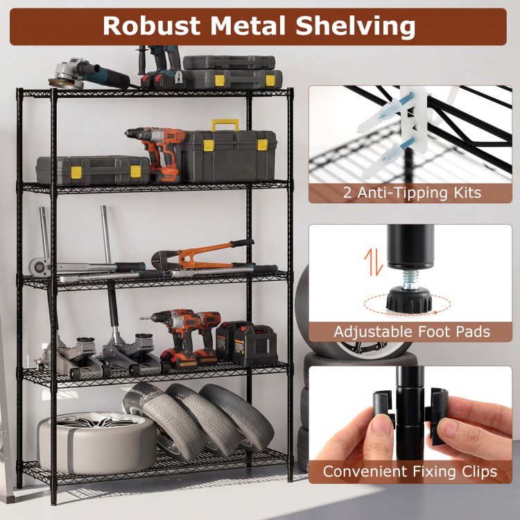 5-tier black metal shelving unit with adjustable shelves and V-shaped wire racks, ideal for garage or basement storage.
