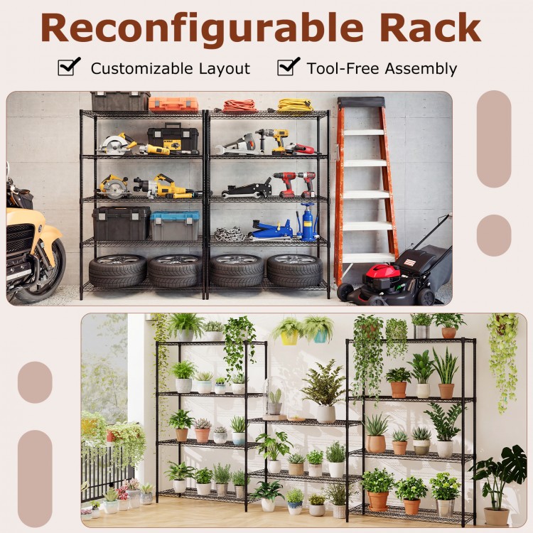 V-shaped wire racks of a 5-tier black metal shelving unit, providing adjustable support for various sized items.