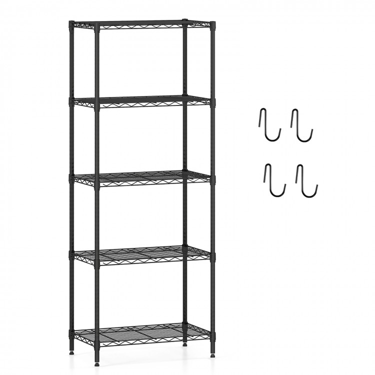 5-tier black metal storage shelving unit with adjustable shelves and 750 lbs capacity, ideal for kitchen and garage.