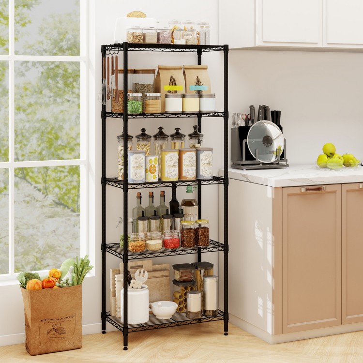 5-tier black metal storage shelving unit with removable hooks and leveling feet, perfect for pantry or garage.
