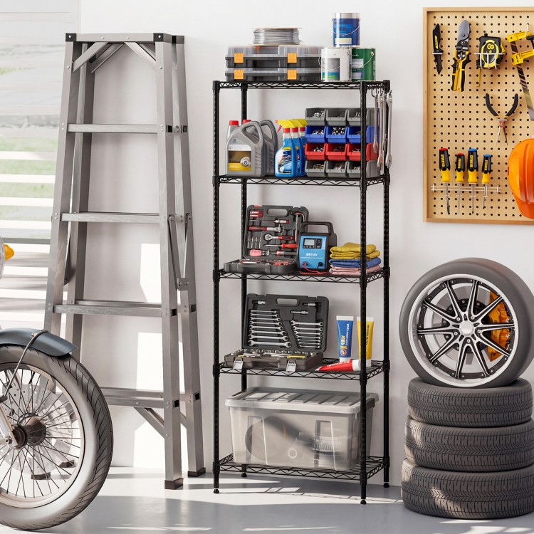 5-tier black metal storage shelving unit with adjustable shelves and V-shaped wire rack, ideal for garage organization.