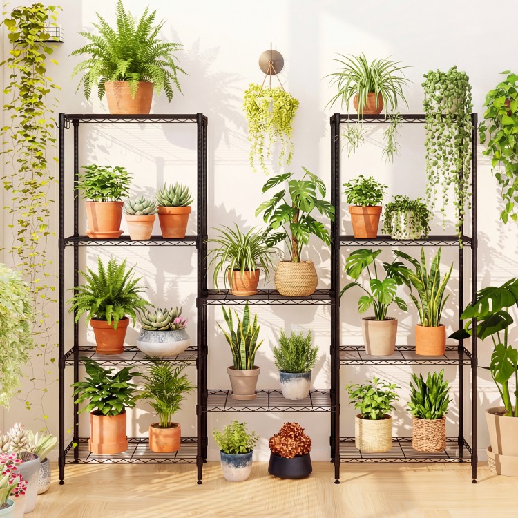 5-tier black metal storage shelving unit with plants, featuring adjustable shelves and heavy-duty frame for versatile.