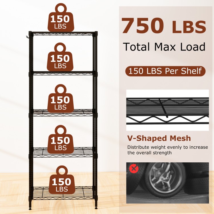 5-tier black metal storage shelving unit with V-shaped mesh, 750 lbs capacity, ideal for organizing kitchen or garage.