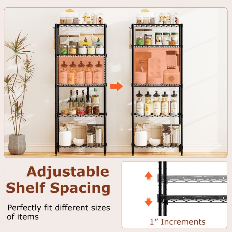 5-tier black metal storage shelving unit with adjustable shelves, ideal for organizing kitchen and garage items.