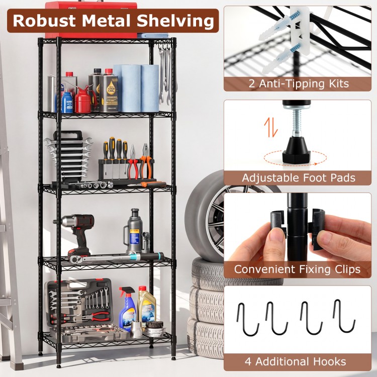 5-tier black metal storage shelving unit with adjustable shelves and 750 lbs capacity, ideal for garage and pantry.