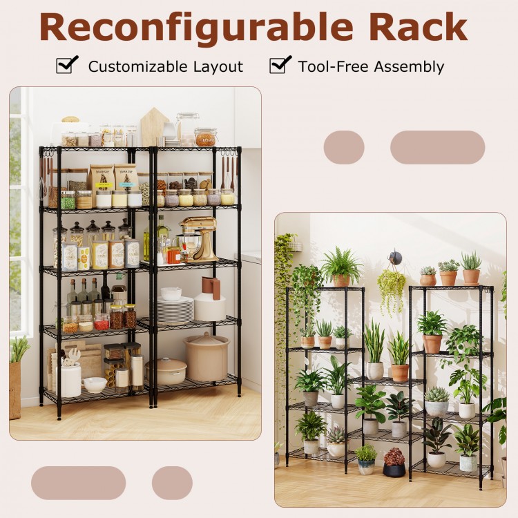 5-tier black metal storage shelving unit with adjustable shelves, ideal for kitchen and garage organization.