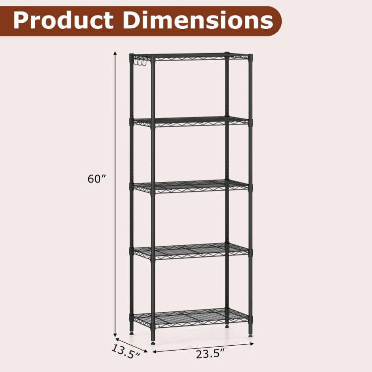5-tier black metal storage shelving unit dimensions, featuring adjustable shelves and a 750 lbs capacity for versatile.