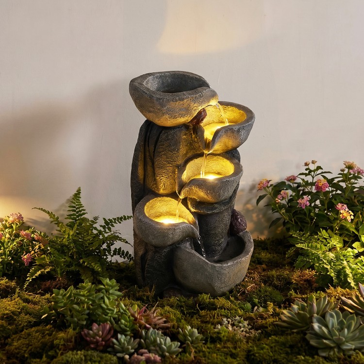 5-tier outdoor water fountain with LED lights, resin construction, and cascading design for patio or deck ambiance.