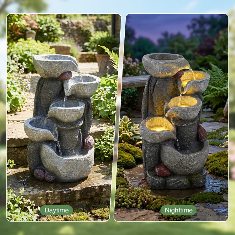 5-tier outdoor water fountain with LED lights, showcasing cascading water flow for patio ambiance, 17.5 inches high.