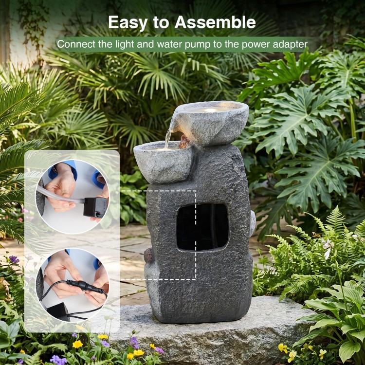 5-tier outdoor water fountain with LED lights, resin construction, and easy assembly for patio or deck decoration.