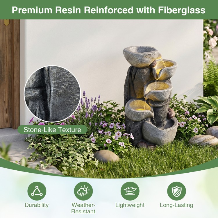 5-tier outdoor water fountain with LED lights, stone-like texture, and durable resin for patio or deck decoration.