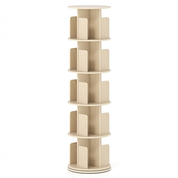5-tier rotating bookshelf with dividers in natural finish, featuring 360° swivel and anti-falling baffles for organized.