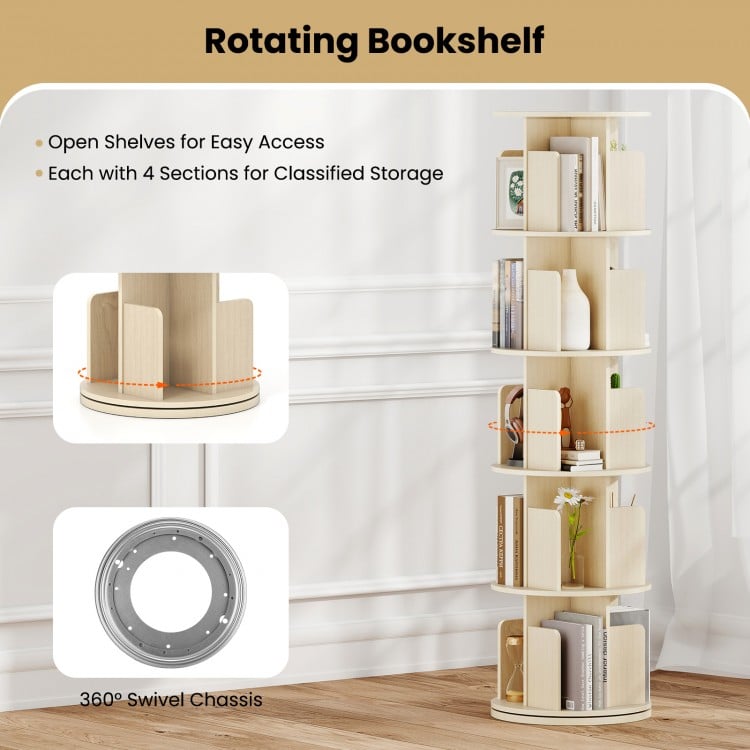 5-tier rotating bookshelf with open shelves, natural finish, 360° swivel base for easy access and organized storage.