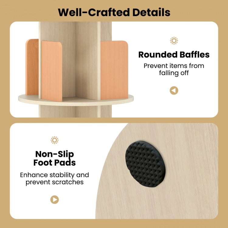 Detail of the 5-tier rotating bookshelf showing rounded baffles and non-slip foot pads for stability and organization.