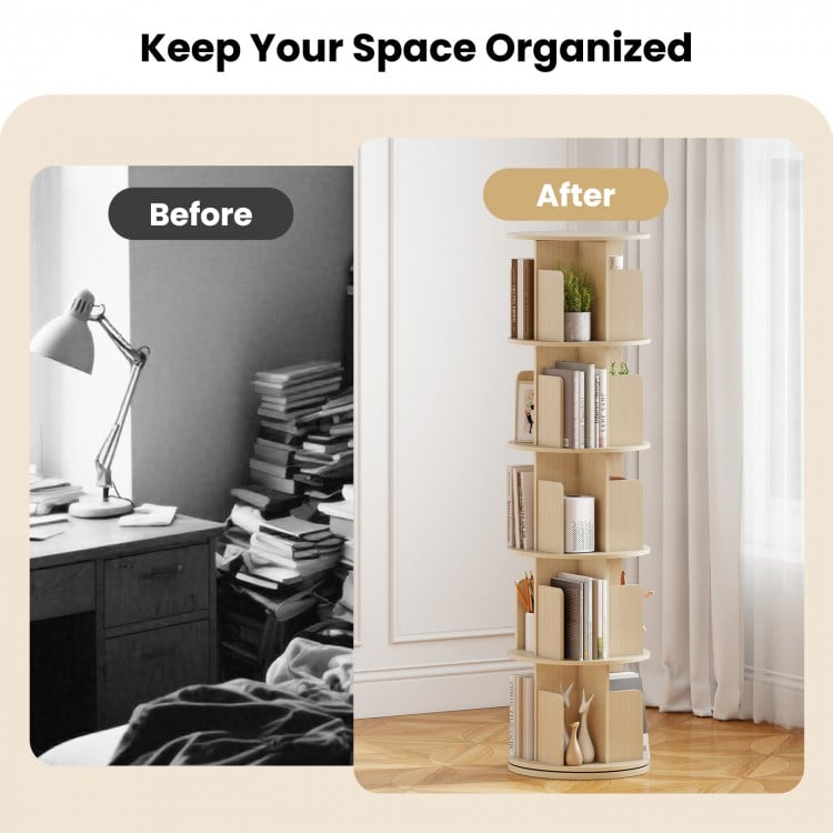 5-tier rotating bookshelf in natural finish with dividers, showcasing ample storage for books and decor in a stylish.