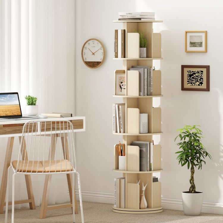 5-tier rotating bookshelf in natural finish with dividers, ideal for organizing books and decor in any space.