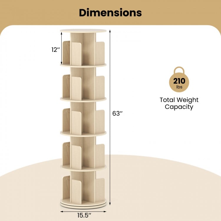 5-tier rotating bookshelf in natural finish, featuring 360° swivel, dividers, and anti-falling baffles for organized.