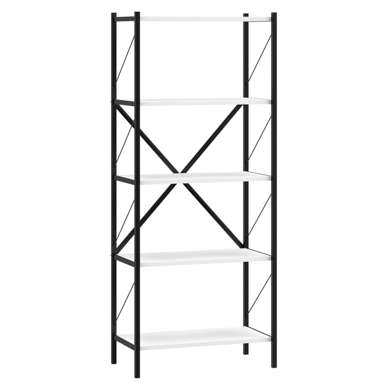 5-tier tall bookshelf with heavy-duty metal frame and white wooden shelves, ideal for living room or home office.