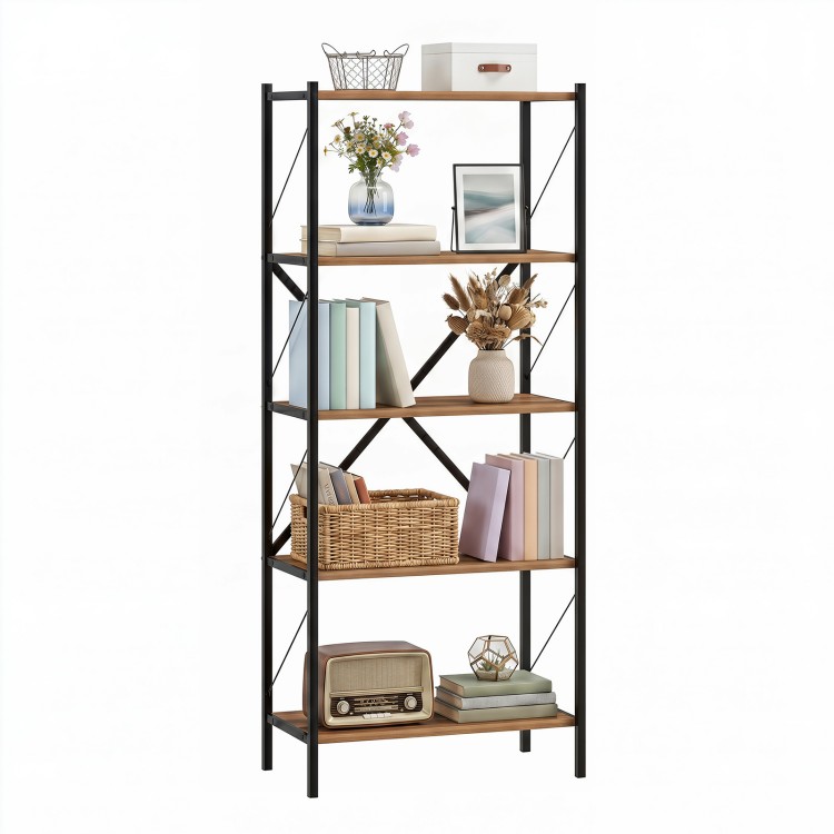 5-tier tall bookshelf with heavy-duty metal frame and wooden shelves, ideal for living room and home office.