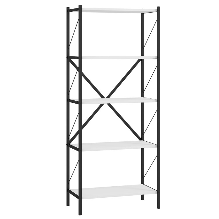 5-tier tall bookshelf with a heavy-duty metal frame and white wooden shelves, ideal for living room or home office storage.