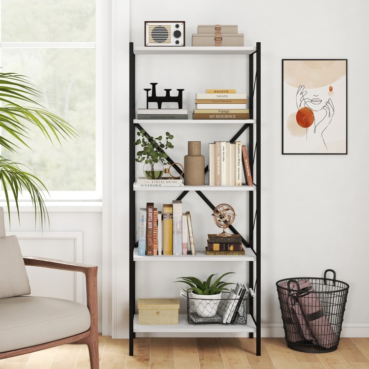5-tier tall bookshelf featuring a heavy-duty metal frame and X-braced design, perfect for stylish organization in any room.