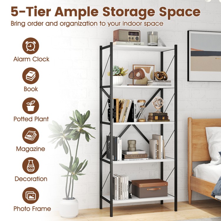 5-tier tall bookshelf with a heavy-duty metal frame and white wooden shelves, perfect for organizing books and decor.