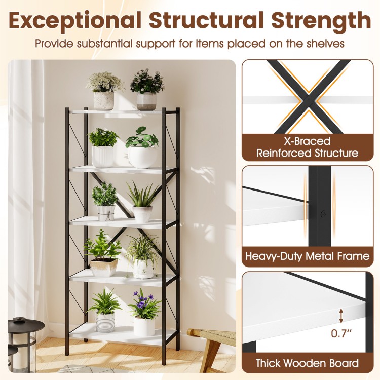 5-tier tall bookshelf with heavy-duty metal frame and thick wooden boards, perfect for organizing plants and decor.