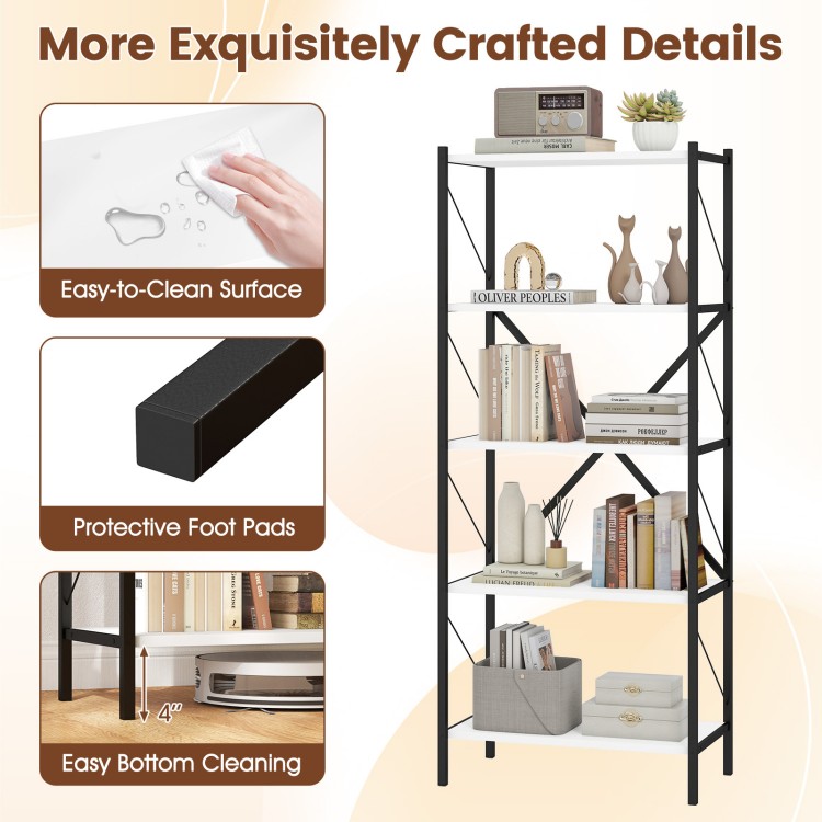 5-tier tall bookshelf with a heavy-duty metal frame and easy-to-clean surface, perfect for organizing any indoor space.