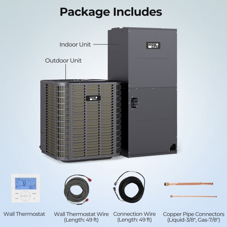 5 Ton 17 SEER2 high-performance heat pump system with indoor and outdoor units, wall thermostat, and installation.