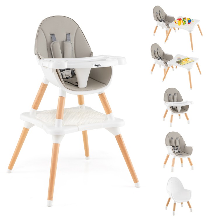 5-in-1 baby wooden high chair in gray with removable cushion and adjustable tray for safe feeding and playtime.