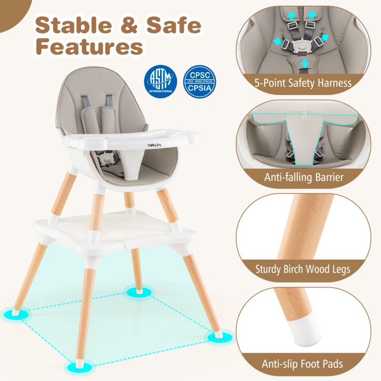 5-in-1 baby wooden high chair in gray with sturdy beechwood legs, 5-point safety harness, and anti-slip foot pads.