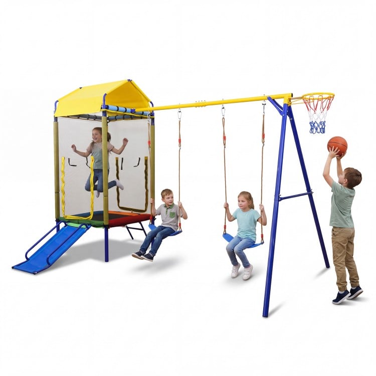 5-in-1 kids swing set featuring a trampoline, slide, and swings for safe outdoor play in a vibrant yellow design.