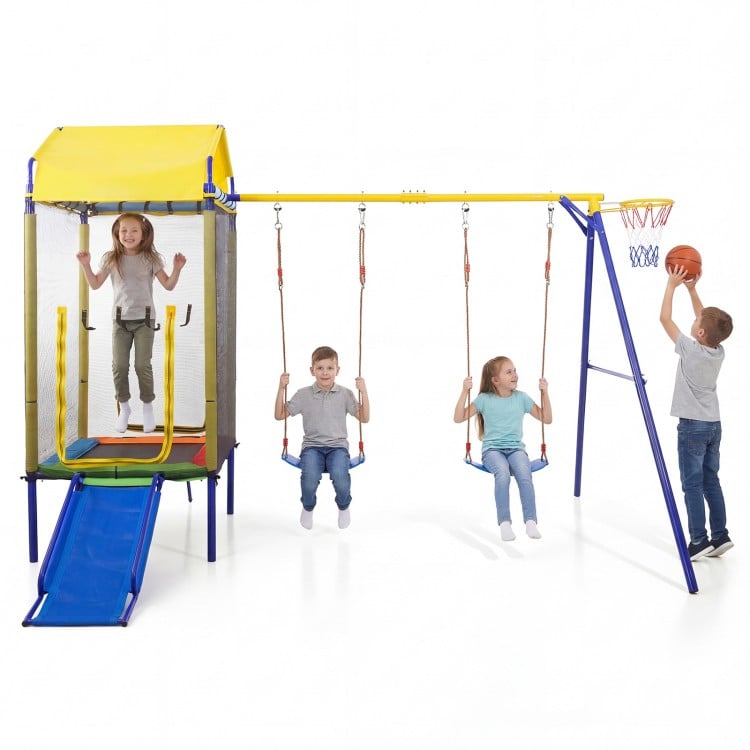 Kids enjoy the 5-in-1 swing set with a trampoline, slide, and swings, designed for safe outdoor fun in the backyard.