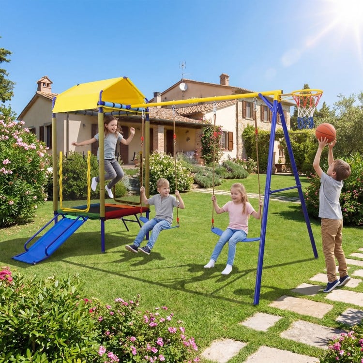 5-in-1 kids swing set in yellow featuring swings, trampoline, slide, and ladder for safe outdoor fun in the backyard.