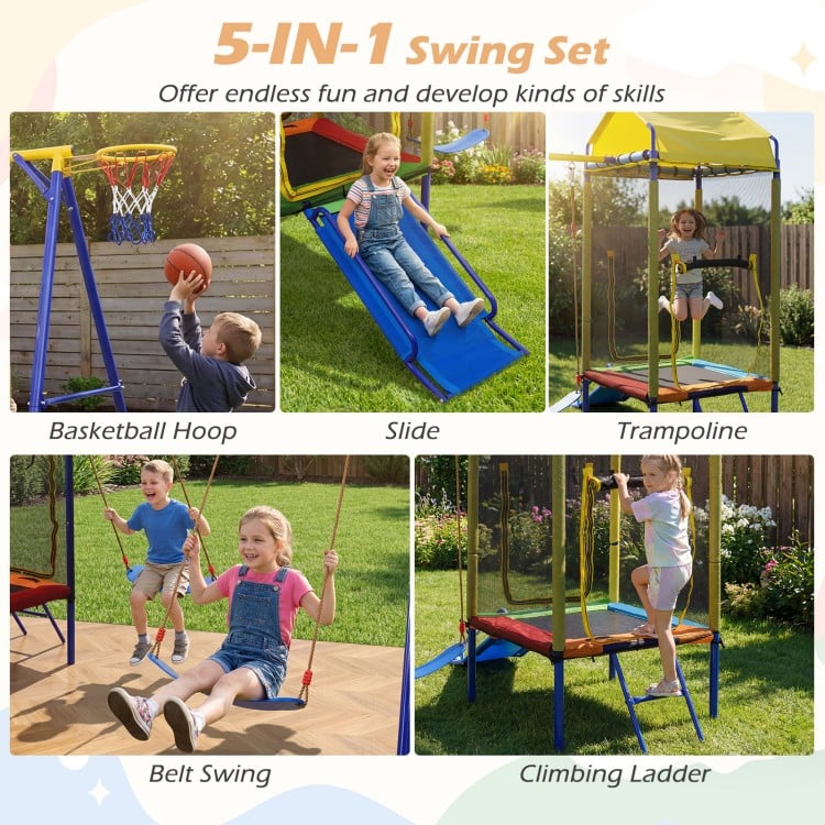 5-in-1 kids swing set featuring a slide, trampoline, and climbing ladder for safe outdoor fun in the backyard.